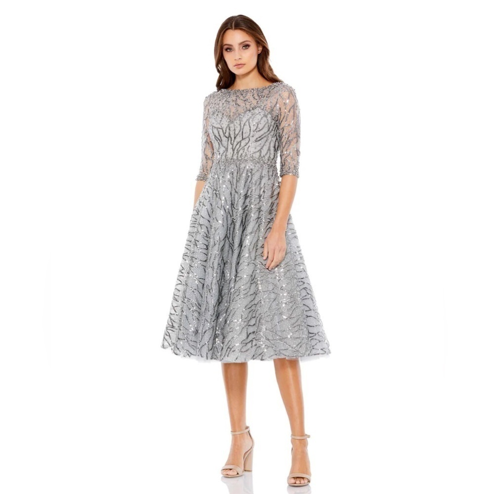 Mac Duggal 20252 NWT HIGH NECK ABOVE ELBOW SLEEVE EMBELLISHED A LINE DRESS